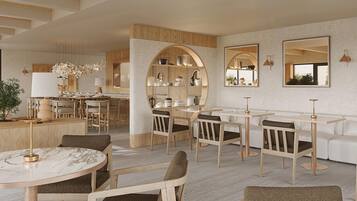 A modern interior with a dining area, kitchen, and seating space.