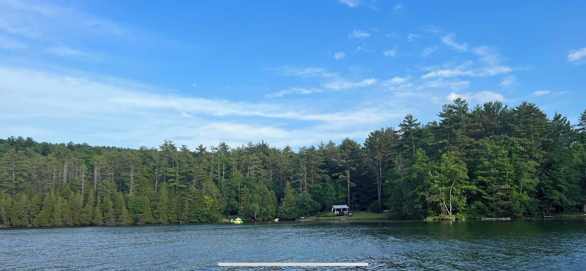 A lake with a forested shore, a small dock, and a cabin.