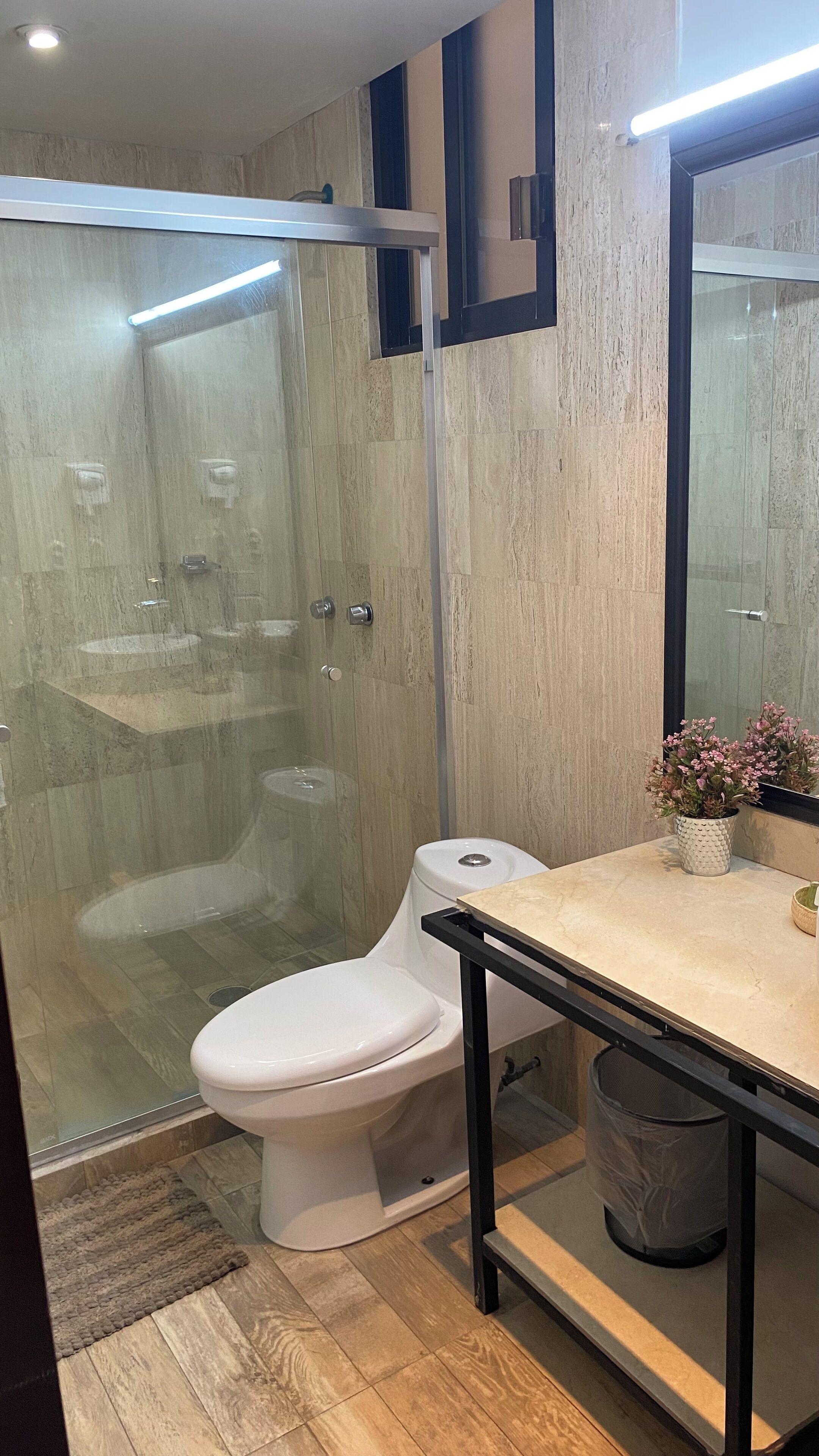 Une salle de bain moderne avec une douche à parois de verre, des toilettes, un lavabo et un meuble-lavabo avec un miroir.