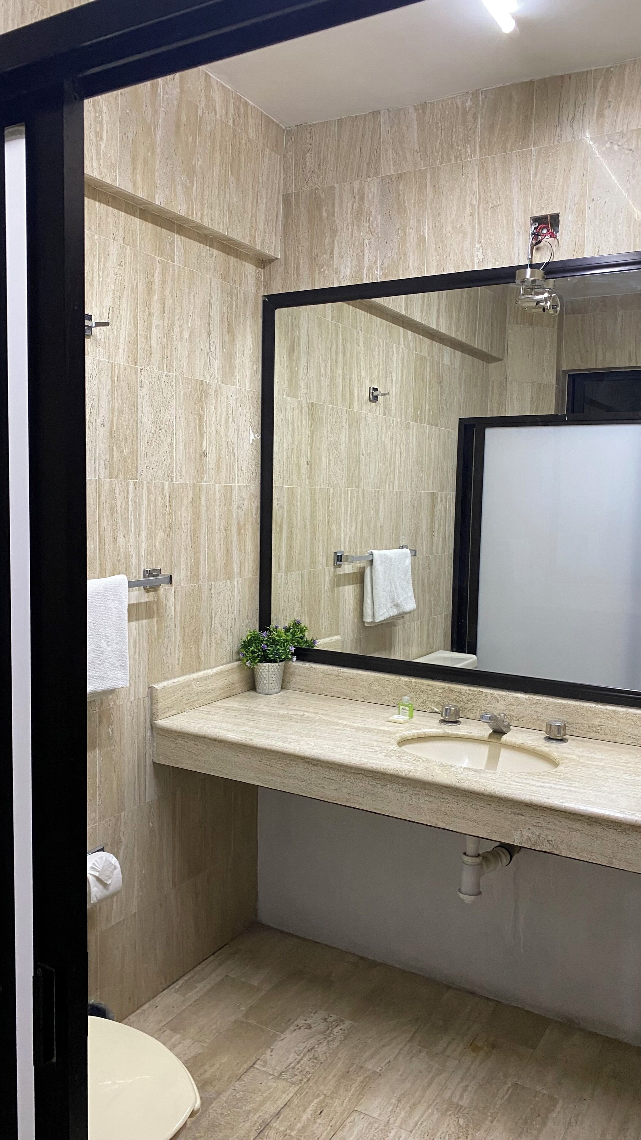Une salle de bain moderne avec un grand miroir, un lavabo et des toilettes.