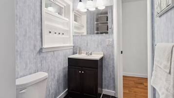 Chuveiro, secador de cabelo, toalhas de banho, sabonete