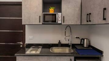 Microwave, stovetop, cookware/dishes/utensils