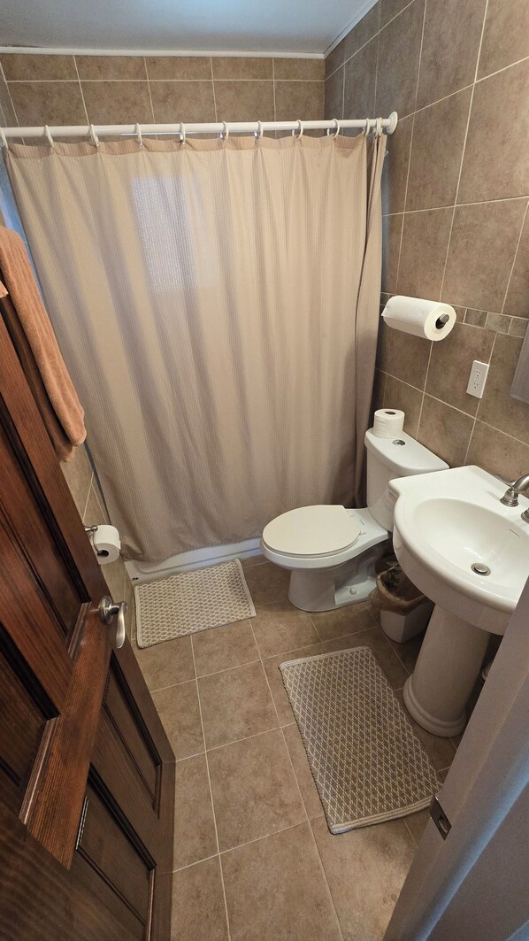 A bathroom with a toilet, sink, and shower curtain. There are two rugs on the floor. - Minutes from Rainbow Springs, 2/2, lake front home! Beautiful back porch! (Dunnellon)