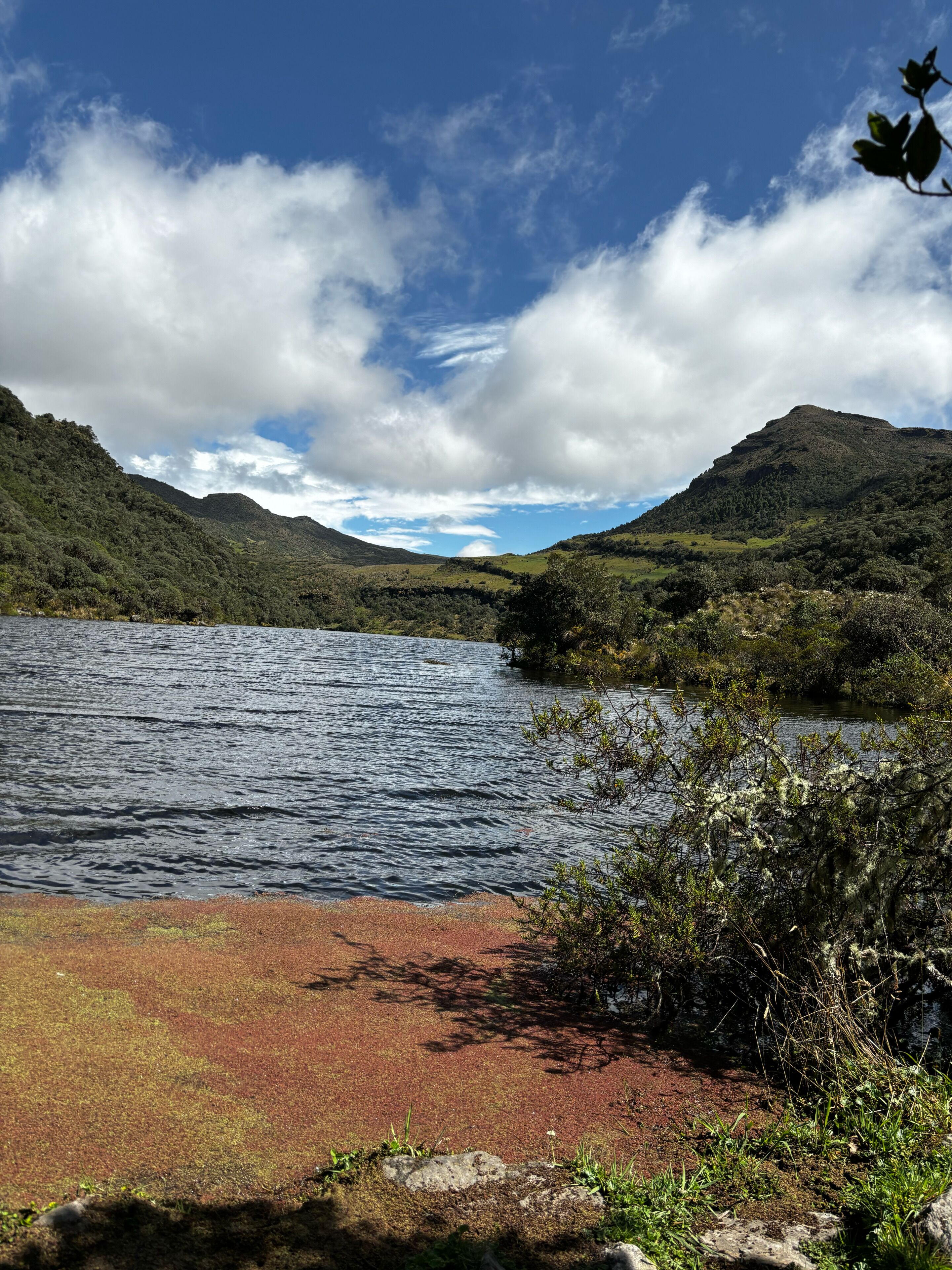 A lake surrounded by hills, with a clear sky and some clouds.