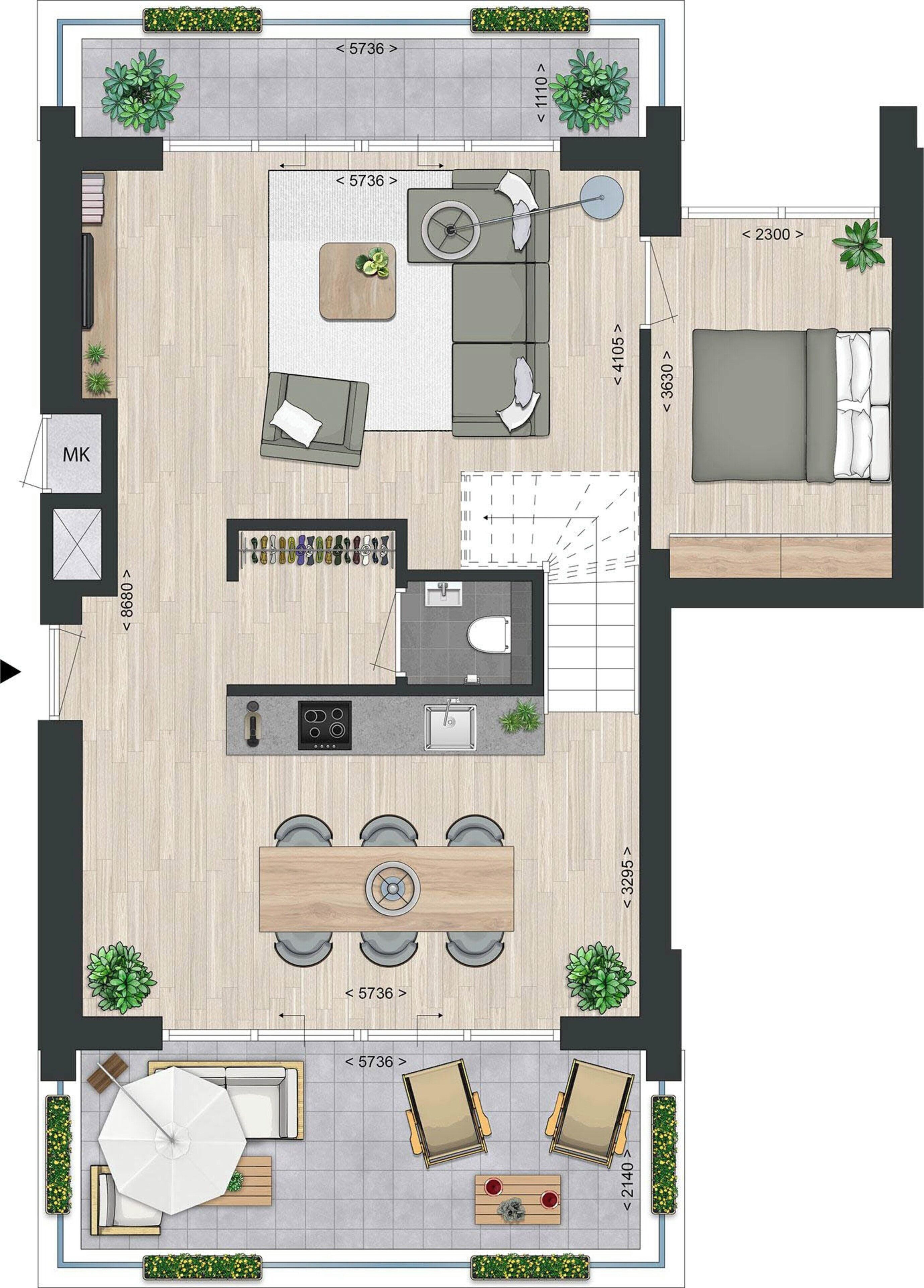 Planta de apartamento de dois quartos com cozinha, sala de jantar e uma pequena varanda.