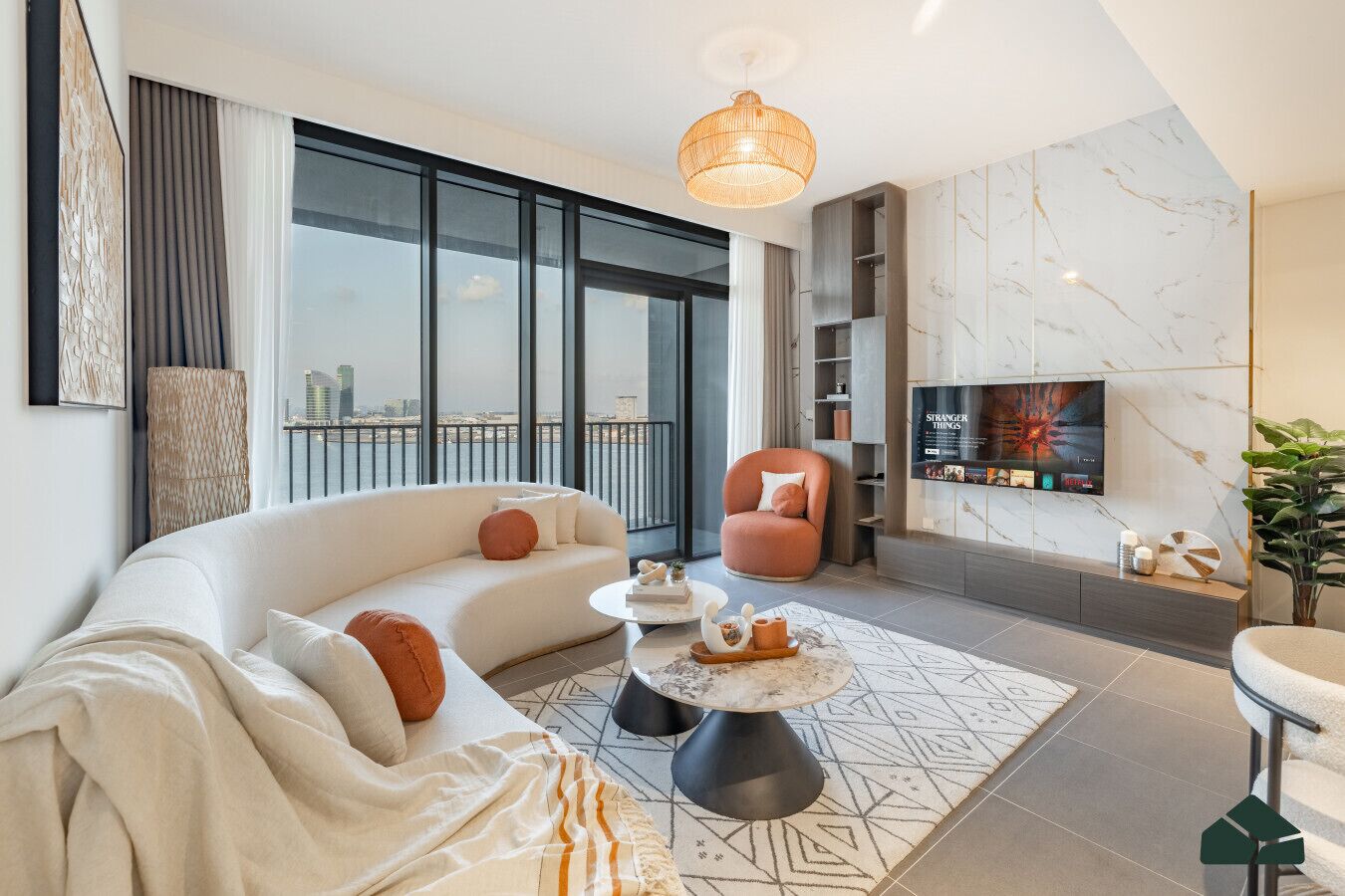 Smart TV, fireplace, stereo