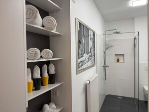 Dusche, Haartrockner, Handtücher, Seife