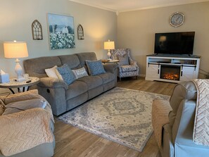 Smart TV, fireplace, books