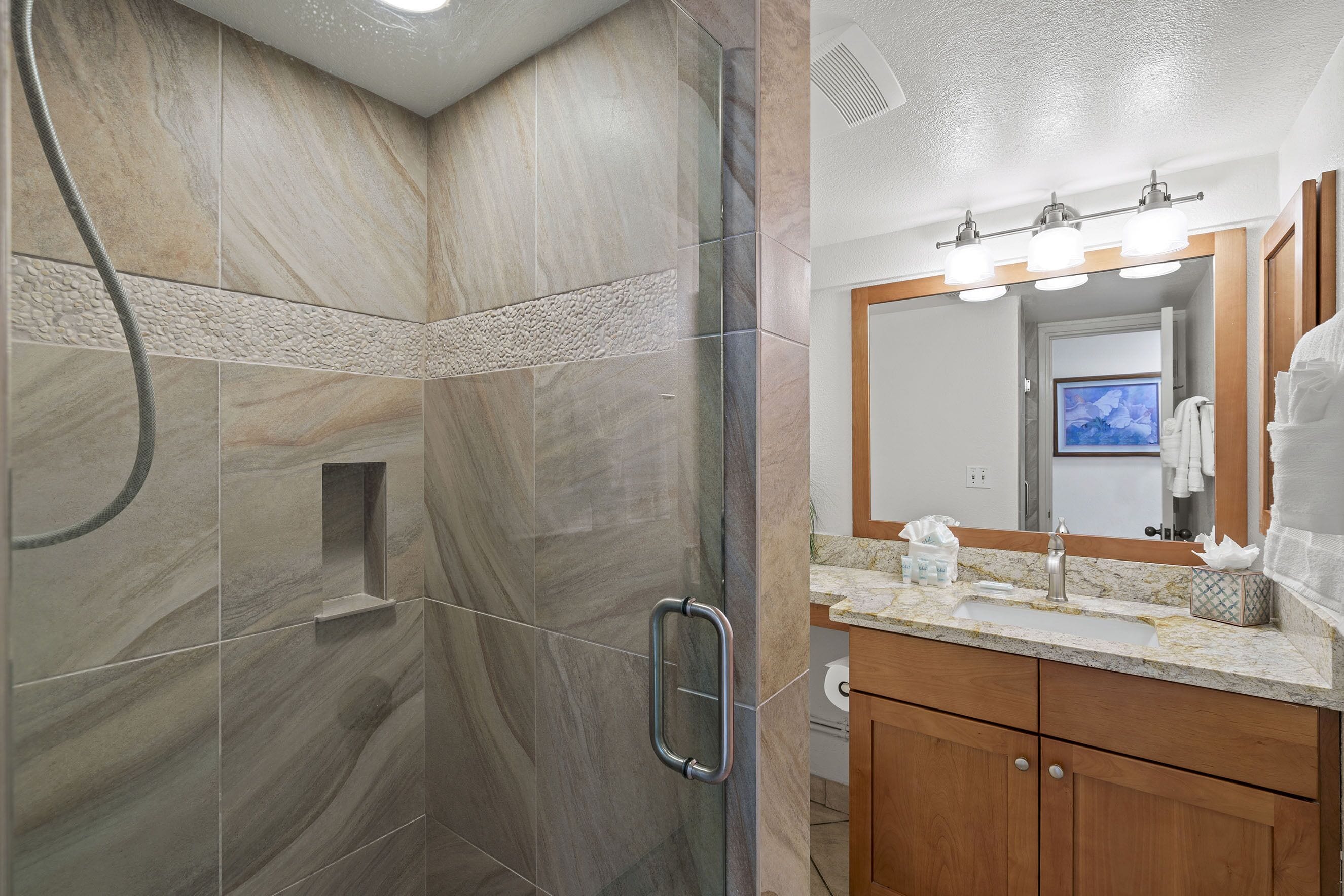 Shower, hair dryer, towels