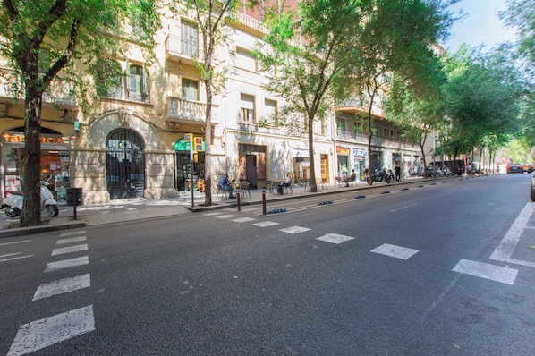 A street lined with trees and buildings, including a cafe and a shop with a green sign. - Classic Sagrada Familia (Barcelona)