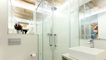 Apartamento básico | Baño | Ducha, toallas, jabón y papel higiénico