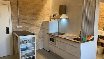 Superior studio | Privékeuken | Een koelkast, een magnetron, een kookplaat