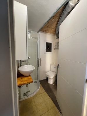 Estudio básico, vista a la ciudad | Baño | Regadera, toallas, jabón, papel de baño