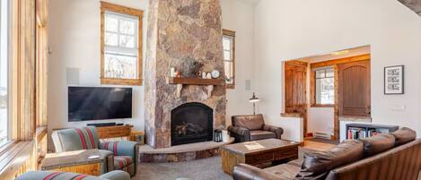 Smart TV, fireplace, books, computer monitors