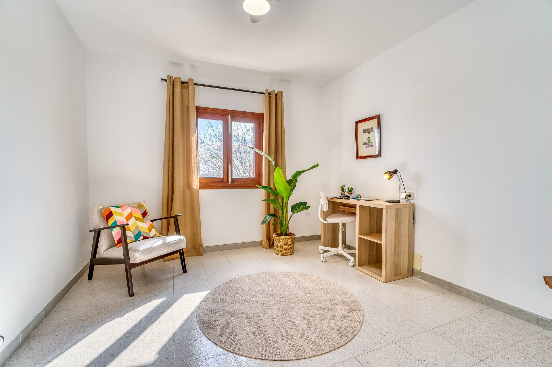 A room with a chair, a desk, a potted plant, a round rug, and a window with curtains.