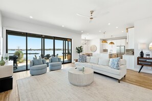 Smart TV, fireplace, foosball