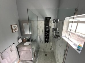 Hair dryer, towels, toilet paper