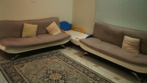 A living room with two sofas, a patterned rug, and a ceiling fan.