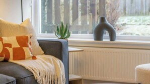 A room with a window, a radiator, a grey sofa with a patterned cushion, a small potted plant, and a vase.