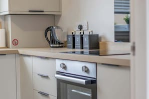 Frigorífico, microondas, horno y placa de cocina