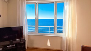 A room with a large window, a flat-screen TV, and a wooden floor.