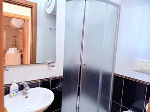 Shower, hair dryer, bidet, towels