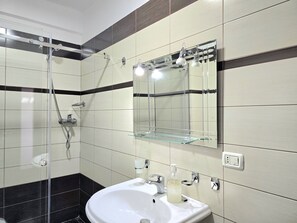 Shower, hair dryer, bidet, towels