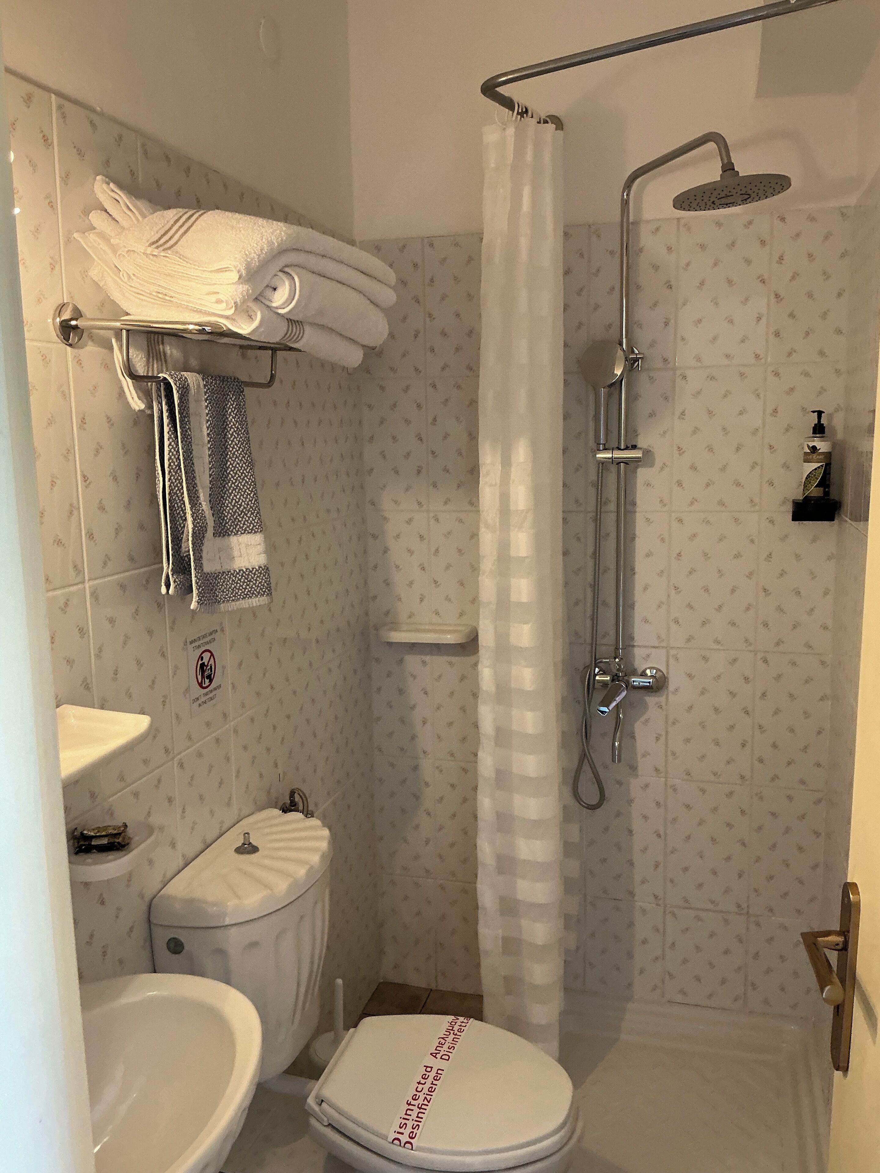 A small bathroom with a toilet, sink, and shower.