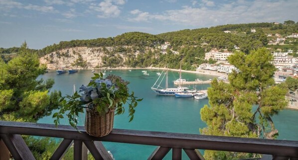 A coastal view with boats docked at a marina, surrounded by greenery and buildings. - Liadromia Hotel (Alonissos)