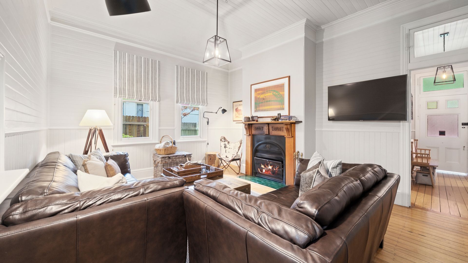 Smart TV, fireplace, books