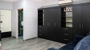 A modern room with a large wardrobe, a sofa, and a door leading to another room.
