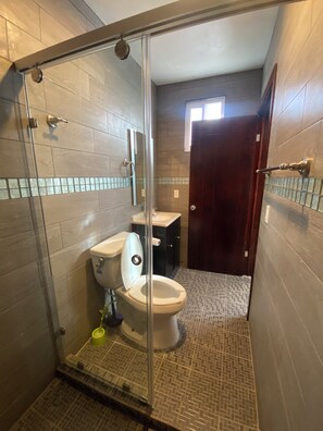 Hair dryer, towels, soap, toilet paper