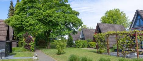 Zona residencial con casas, un árbol grande y un sendero.