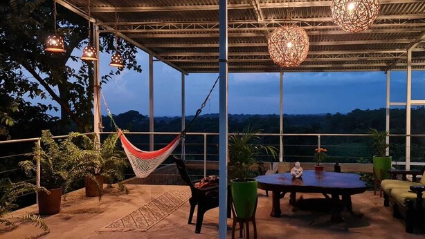 Un patio al aire libre con una mesa, sillas, una hamaca y plantas en macetas.