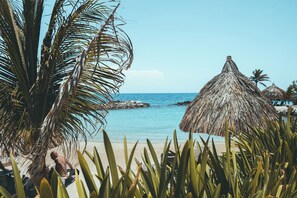 Une plage avec un abri de chaume, des palmiers et une mer d’un bleu limpide.