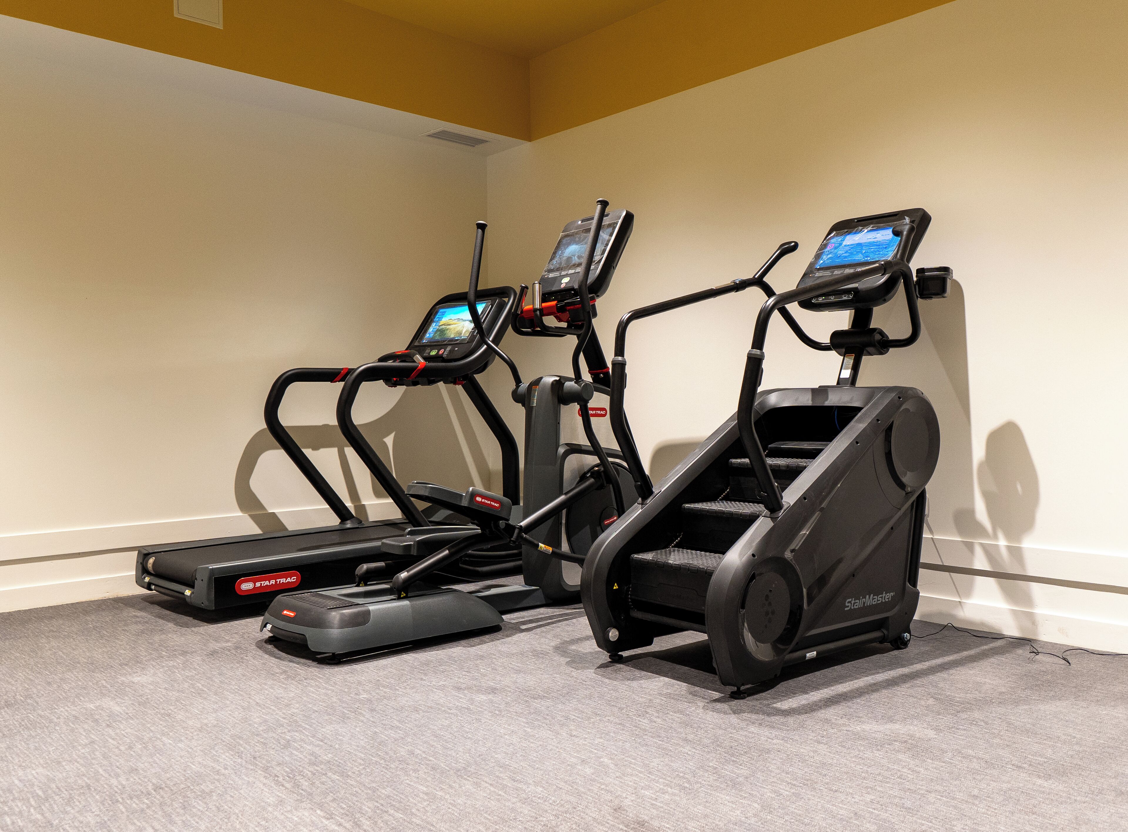 Un espace dédié à la remise en forme, équipé de tapis de course et d’un appareil d’escalier.