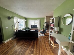 Smart TV, fireplace, books, video library