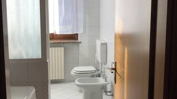 Shower, hair dryer, bidet, towels