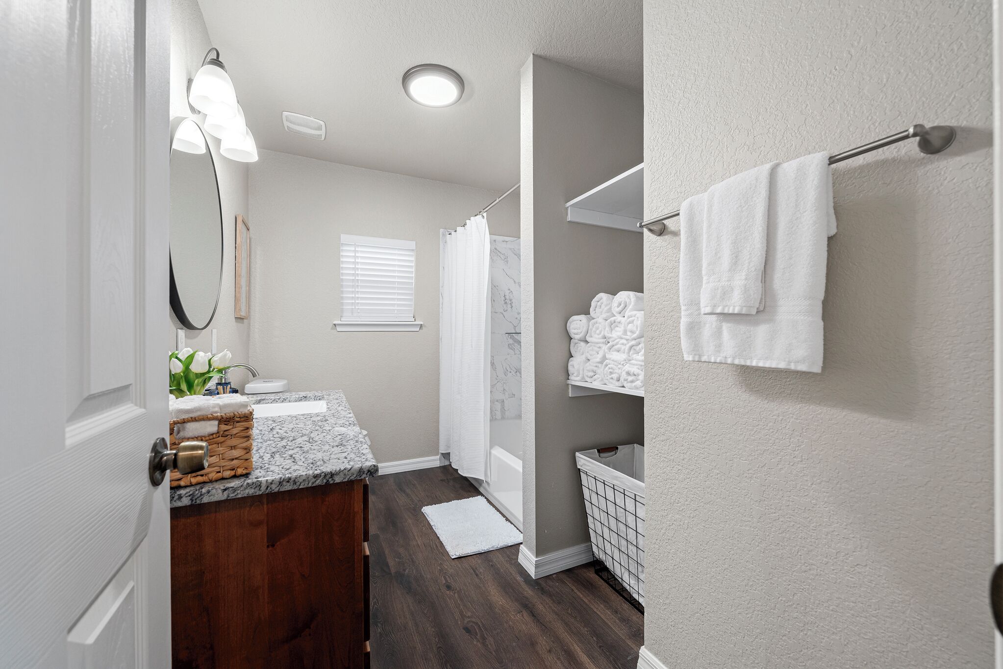 Hair dryer, towels, soap, shampoo