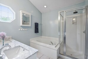 Jetted tub, towels, soap, toilet paper