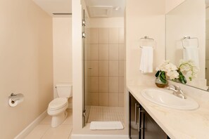 Shower, hair dryer, towels, soap