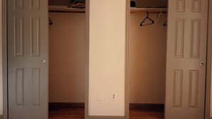 A room with two doors leading to closets, wooden flooring, and a white wall.