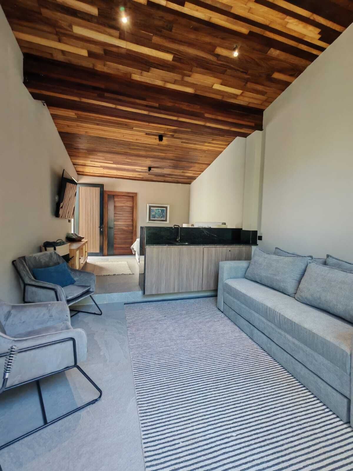 Una sala moderna con un sofá, una silla y un tapete a rayas.
