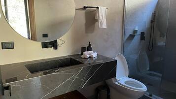 A modern bathroom with a marble sink, a toilet, and a glass shower enclosure.