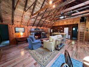 Smart TV, fireplace, books