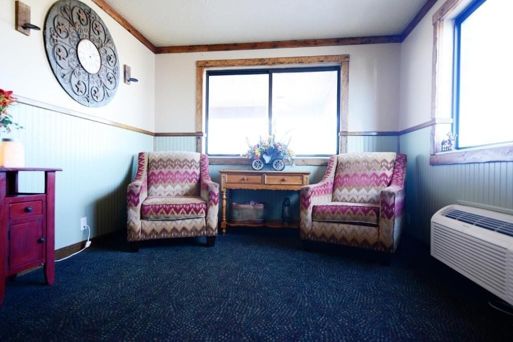 A room with two patterned armchairs, a wooden desk with a vase of flowers, a large mirror, and a radiator.