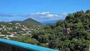 A coastal town with buildings on hills, a clear sky, and a view of the sea. - Charming 2- Bedroom Apartment with AC, WiFi in St Thomas' East End (St Thomas)