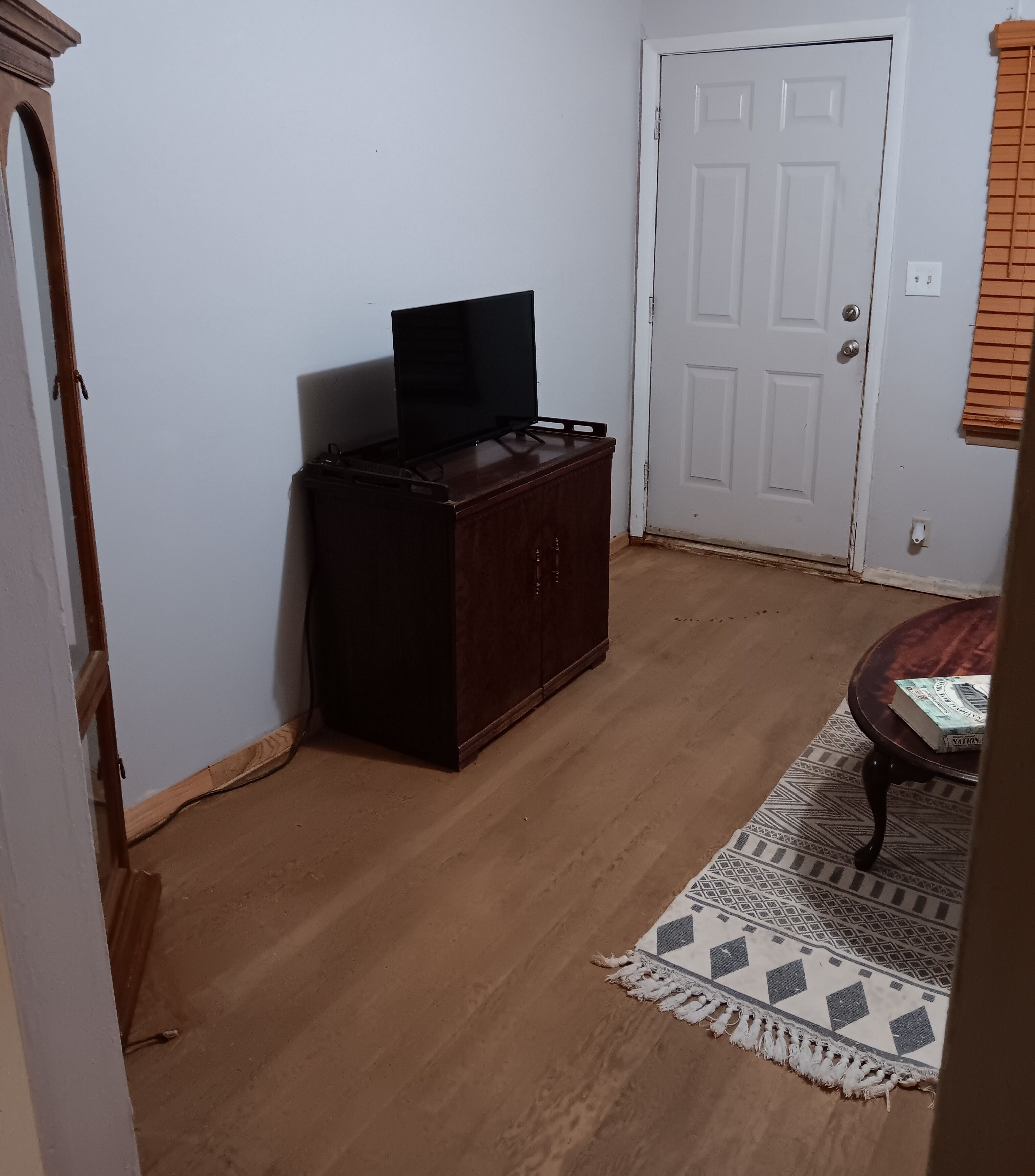 A room with a wooden floor, a dark wooden cabinet with a flat-screen TV on top, a white door, and a patterned rug.