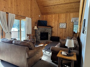 TV, fireplace, DVD player, books