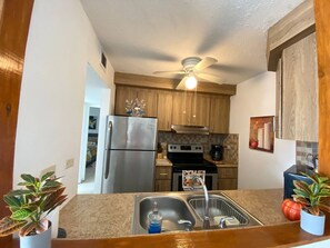 Fridge, microwave, stovetop, coffee/tea maker